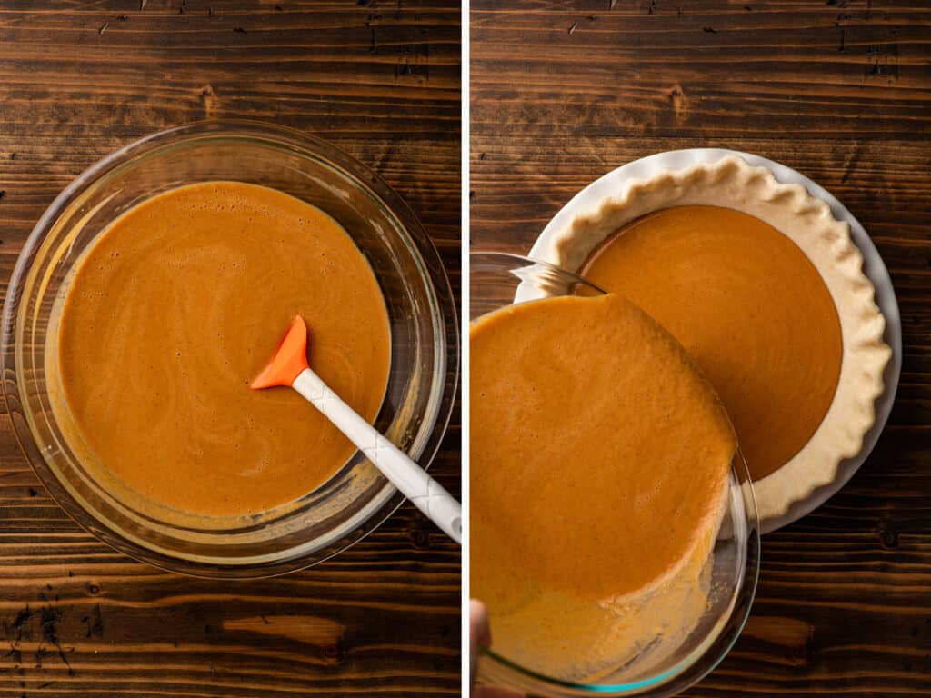 Collage of pumpkin pie filling being poured into pie crust.