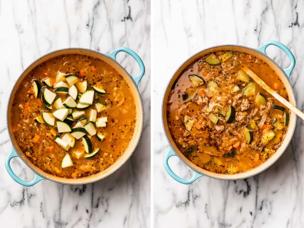 Collage of zucchini being added to ground turkey vegetable soup.