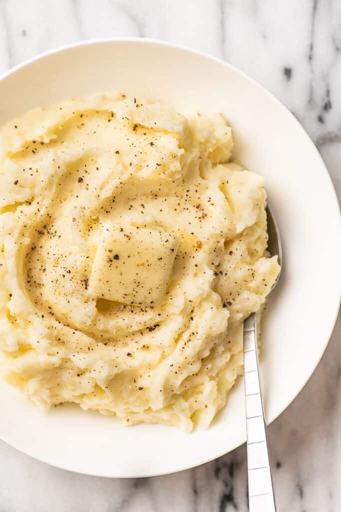 Microwave mashed potatoes in a bowl.
