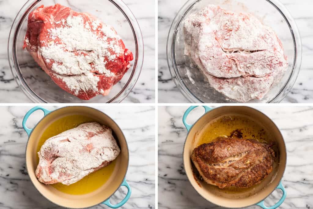 Collage of chuck roast being floured and seared.