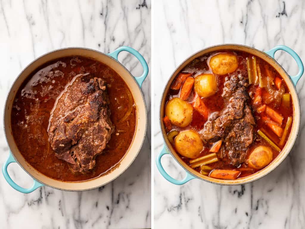 Collage photo of red wine pot roast before and after vegetables are added.
