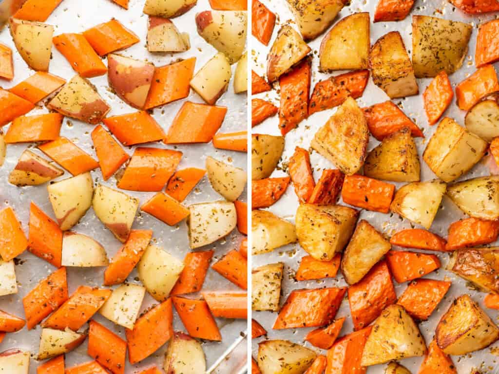 Roasted carrots and potatoes before and after baking.