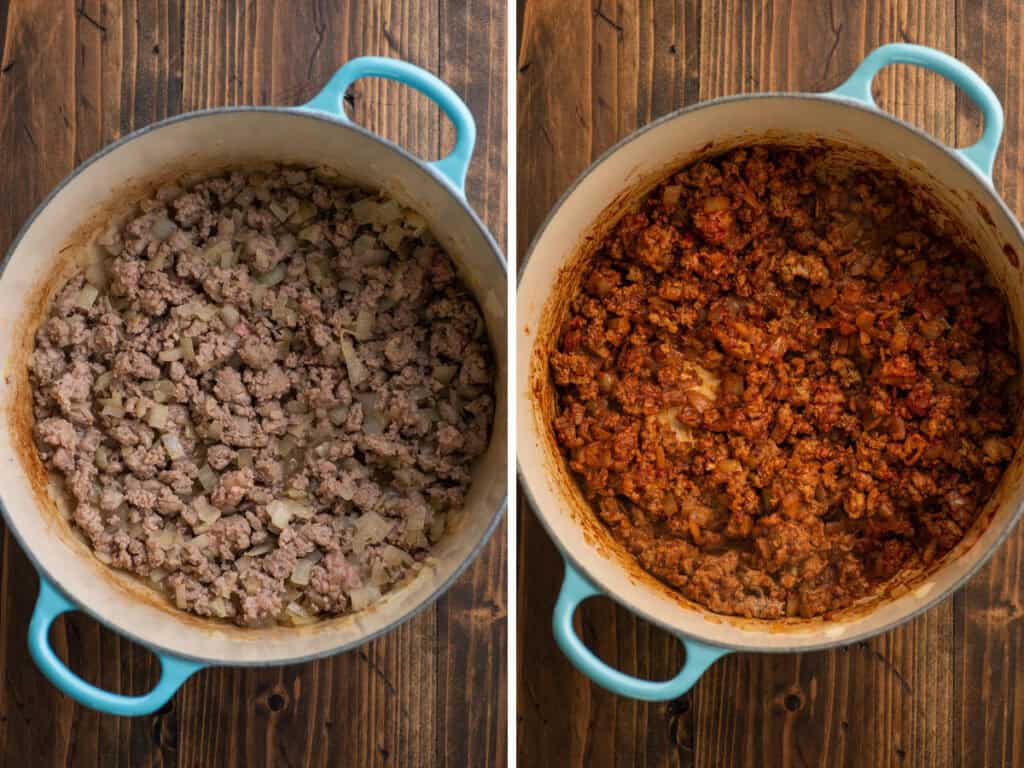 Ground Turkey Chili ingredients combined in the pot