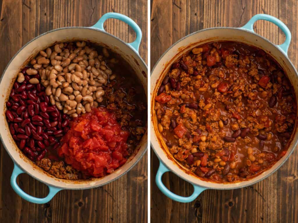 Ground Turkey Chili ingredients combined in the pot