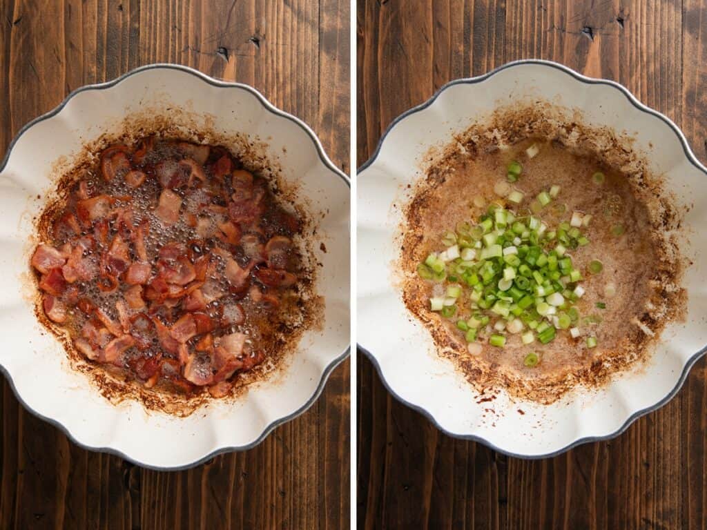 Collage photo of baked potato soup being made.
