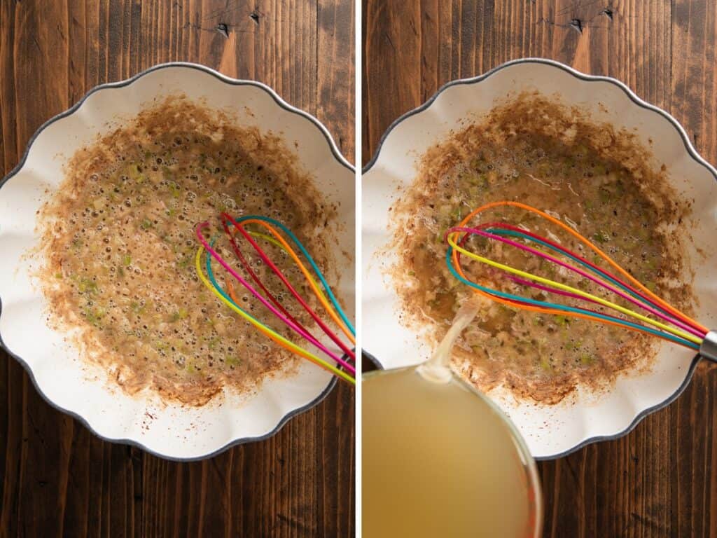 Collage photo of baked potato soup being made.
