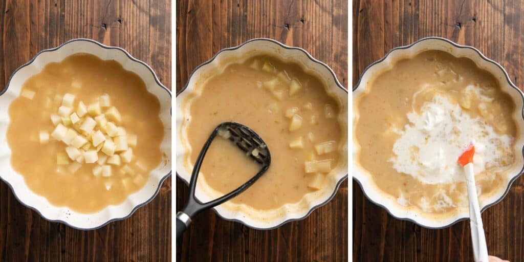 Collage photo of 3 photos of baked potato soup being made.