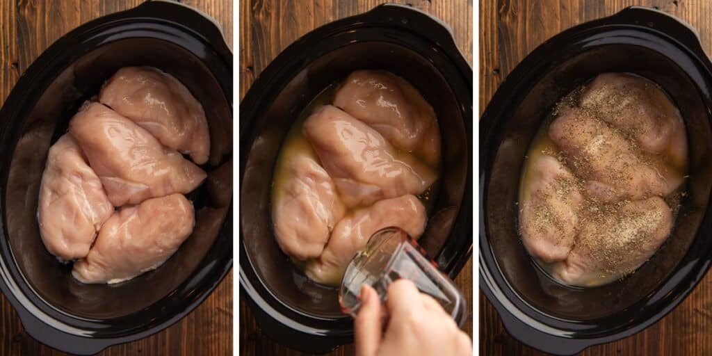 Collage of shredded chicken being made in a slow cooker
