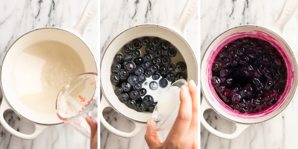 Collage photo of blueberry syrup being made.