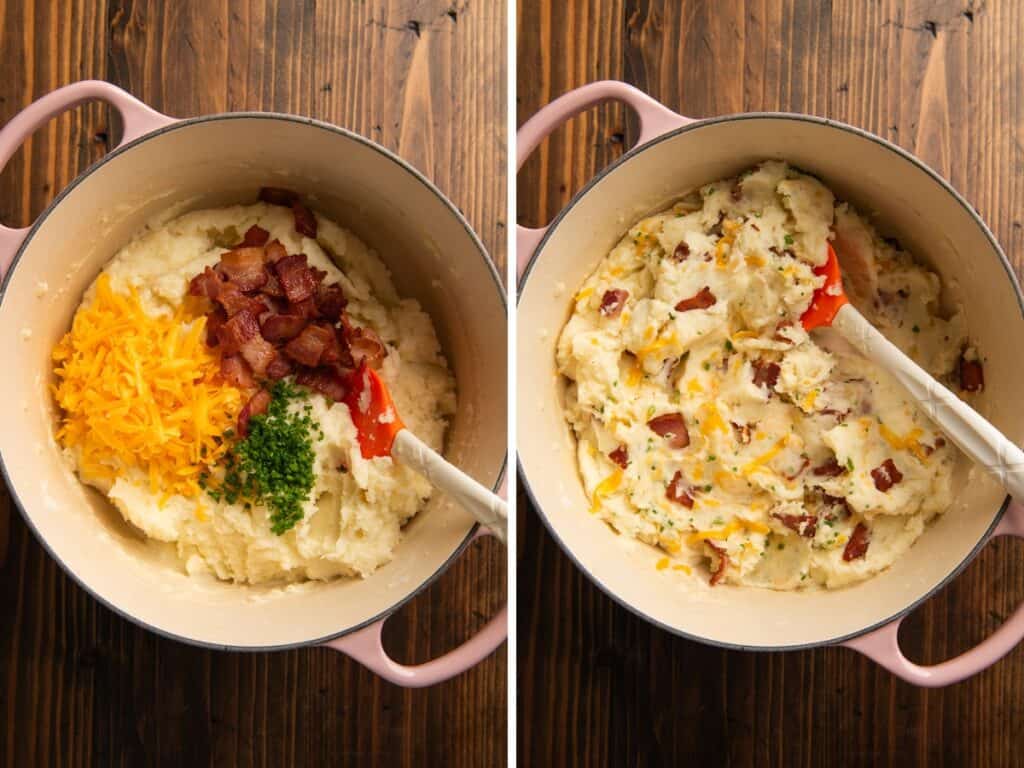 Collage photo of loaded mashed being made.