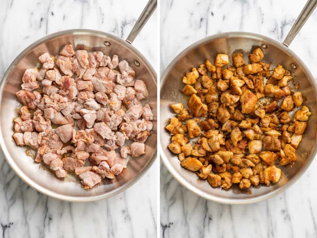 Collage of chicken being cooked for chicken stroganoff
