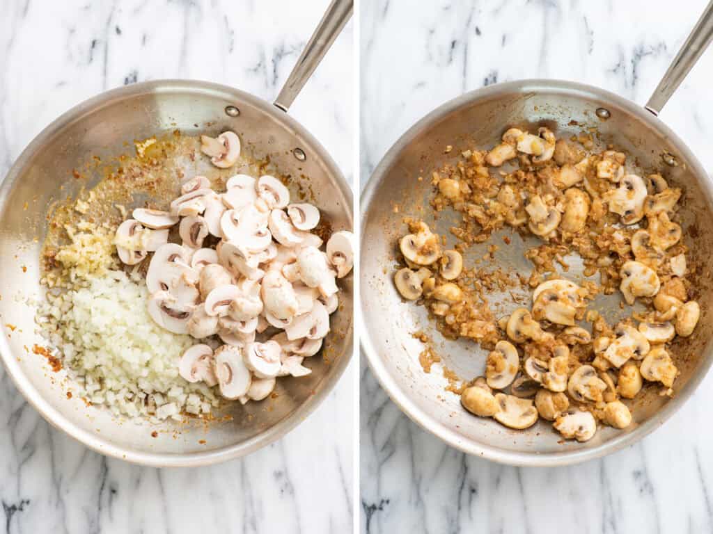 Collage of mushrooms being cooked for stroganoff