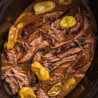 a slow cooker of mississippi pot roast with pepperoncinis