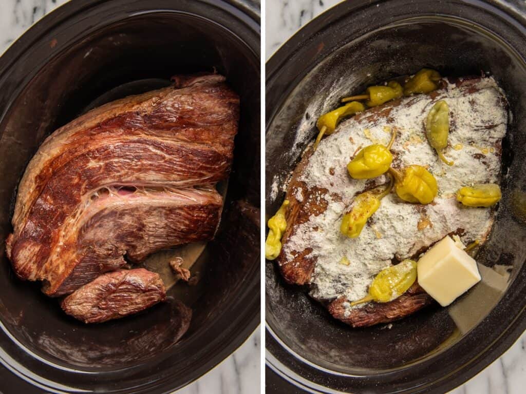 Collage photo of Mississippi pot roast being made in a slow cooker