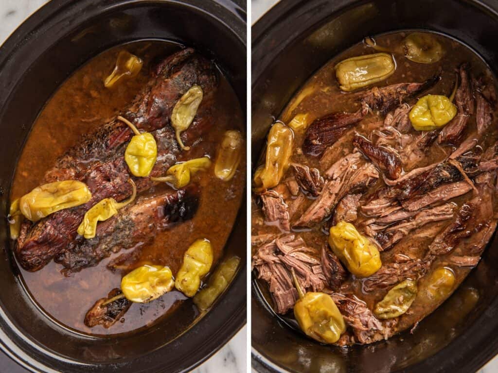 Collage photo of Mississippi pot roast being shredded in a slow cooker