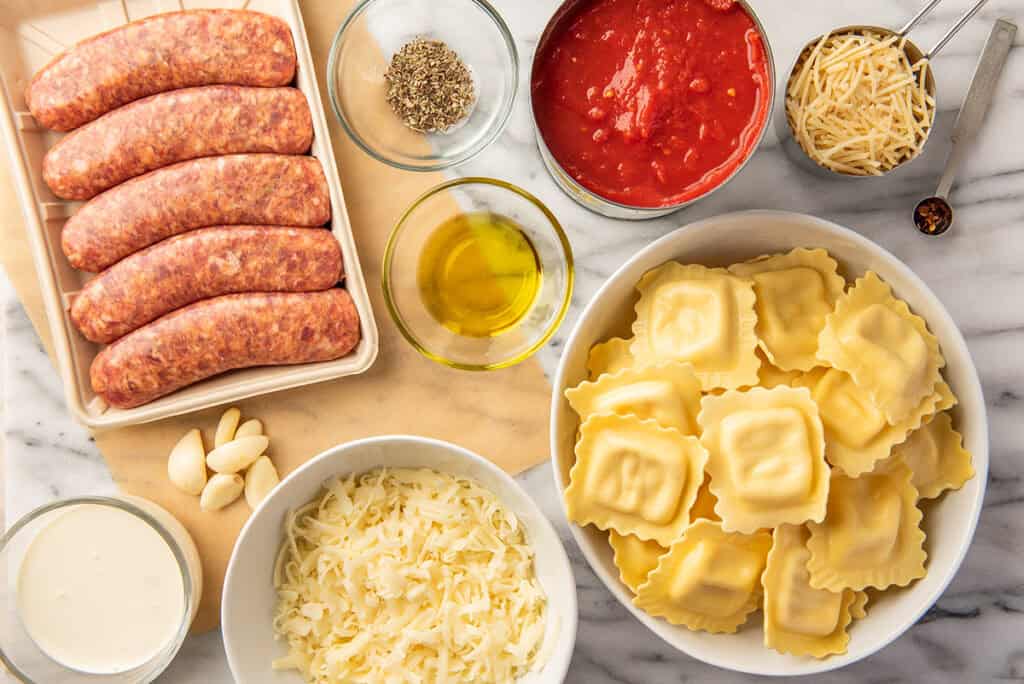 Ingredients for baked ravioli.