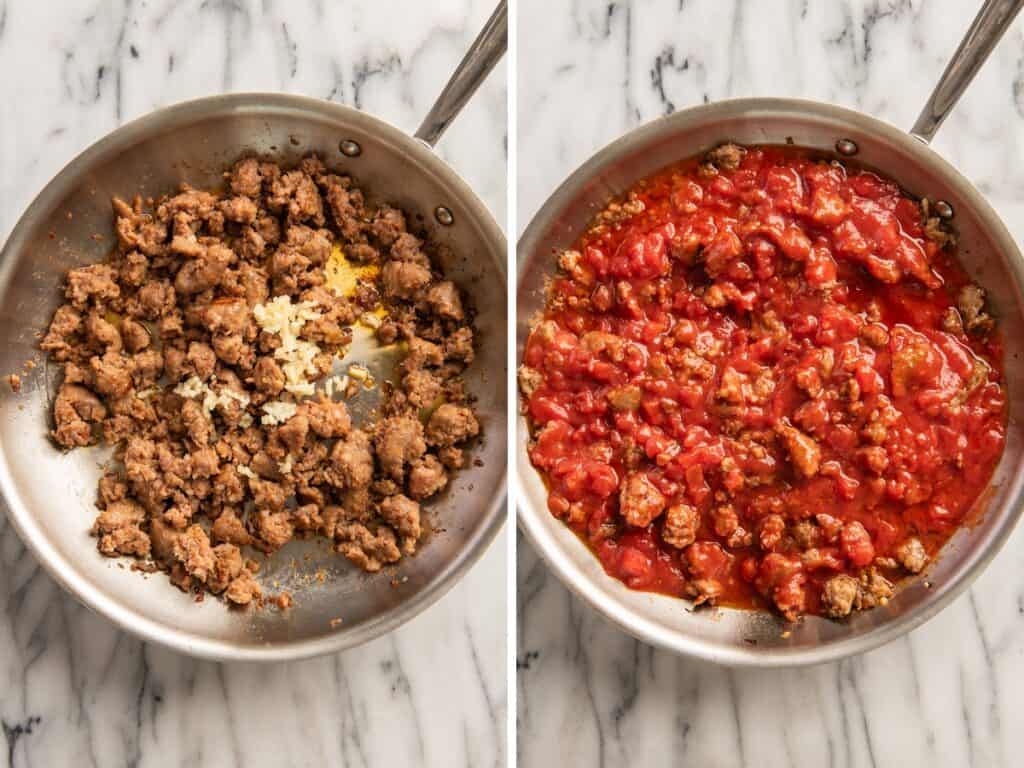 Collage photo of making sausage sauce for baked ravioli.