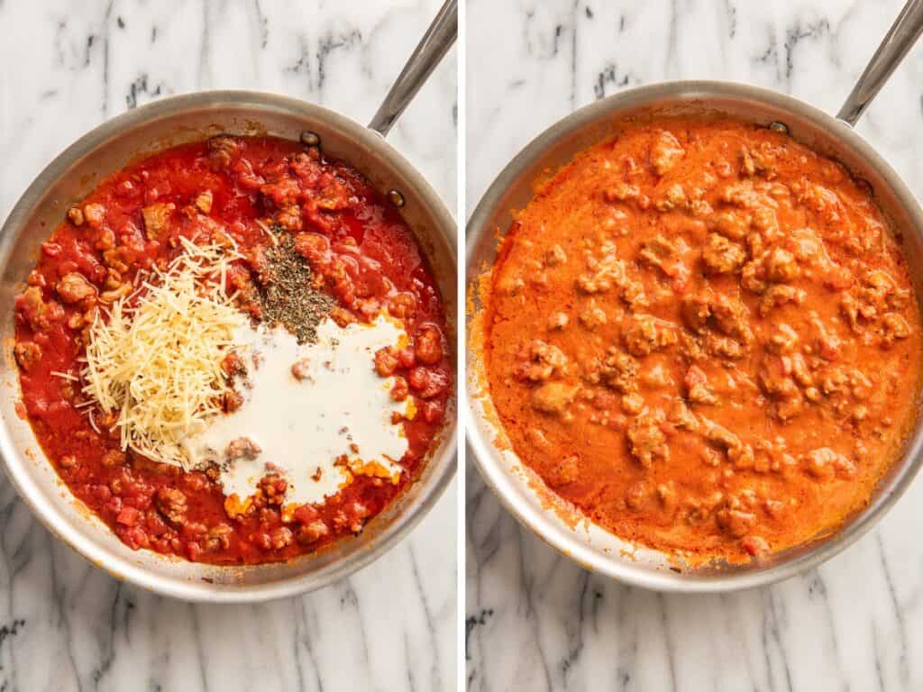 Collage photo of the sauce for a ravioli bake being made.