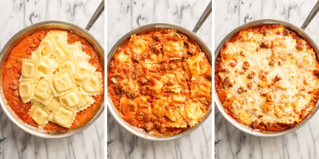 Collage photo of ravioli bake being made.