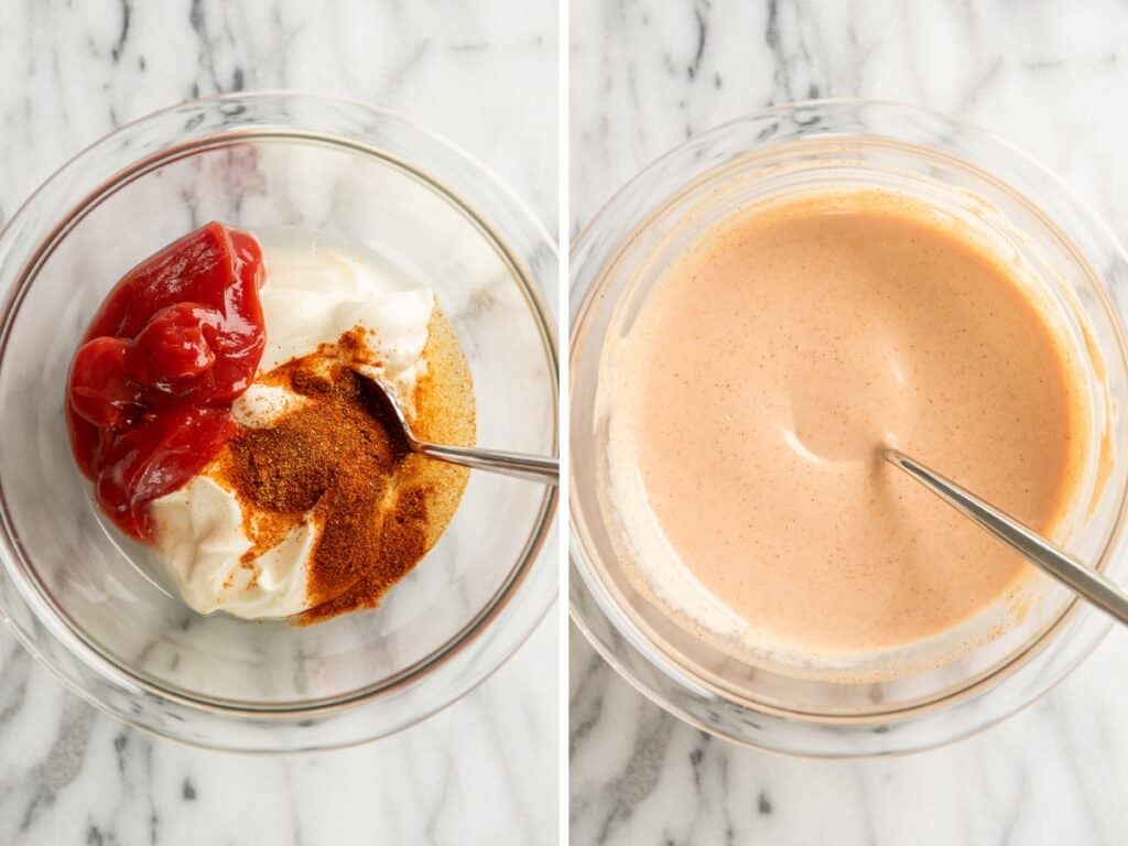 Sauce for fries and burgers being made.
