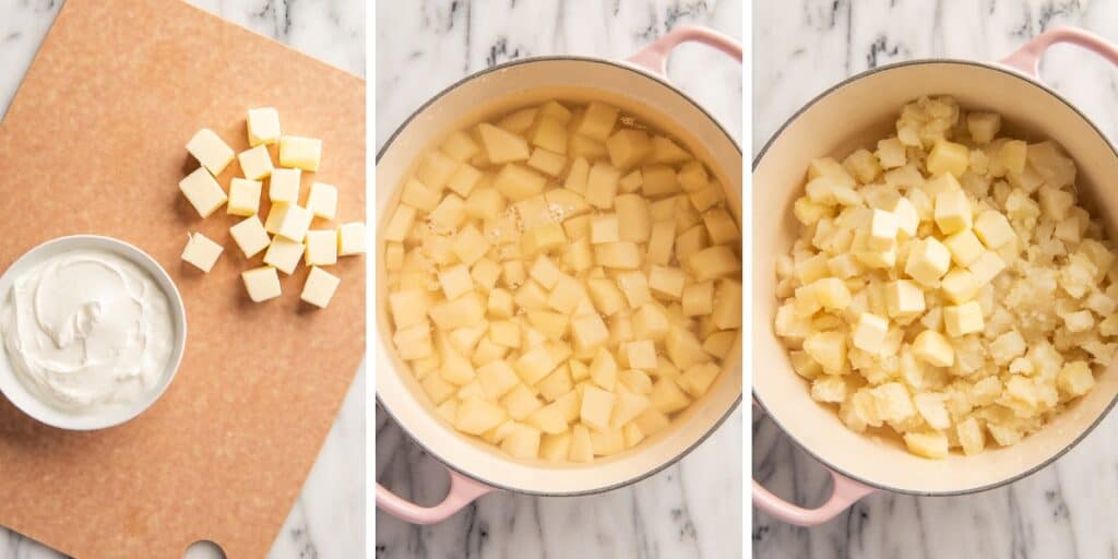 Step by step photo of sour cream mashed potatoes being made