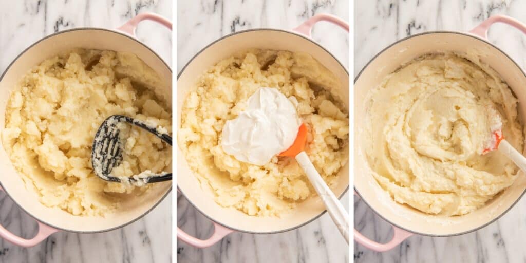 Step by step photo of sour cream mashed potatoes being made