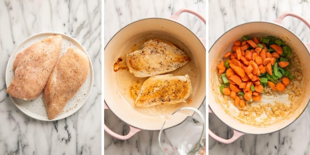 Collage photo of creamy chicken and potato soup being made.