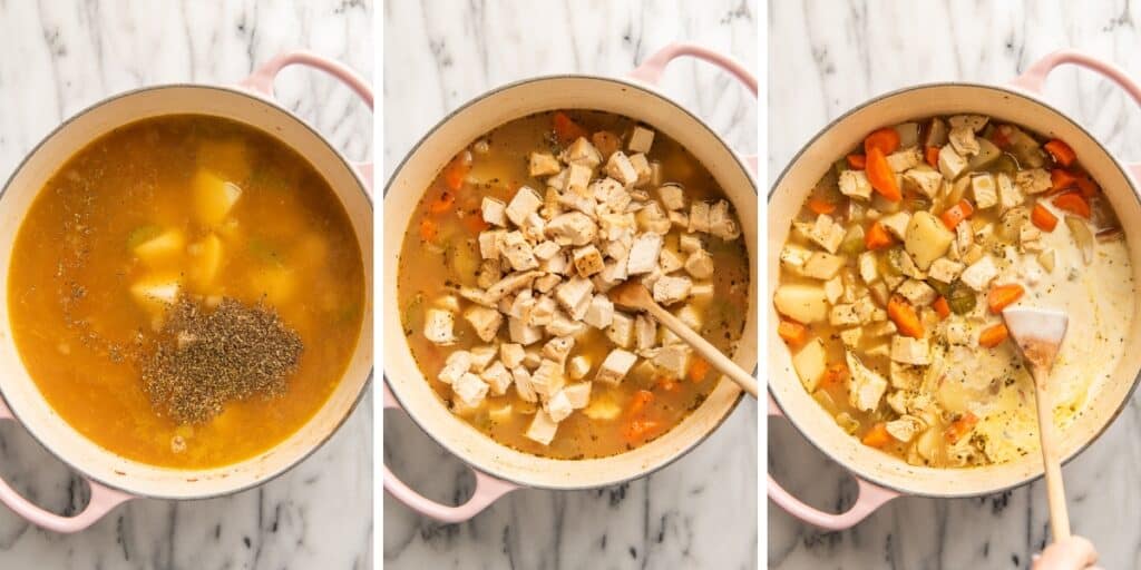 Collage photo of creamy chicken and potato soup being made.