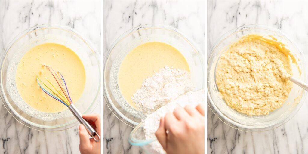 Collage photo of buttermilk chocolate chip pancakes being made