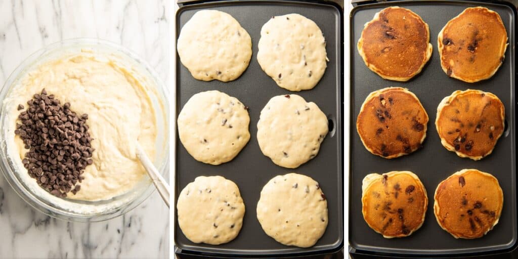 Collage photo of buttermilk chocolate chip pancakes being made