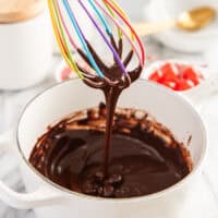 Hot fudge sauce dripping from a whisk