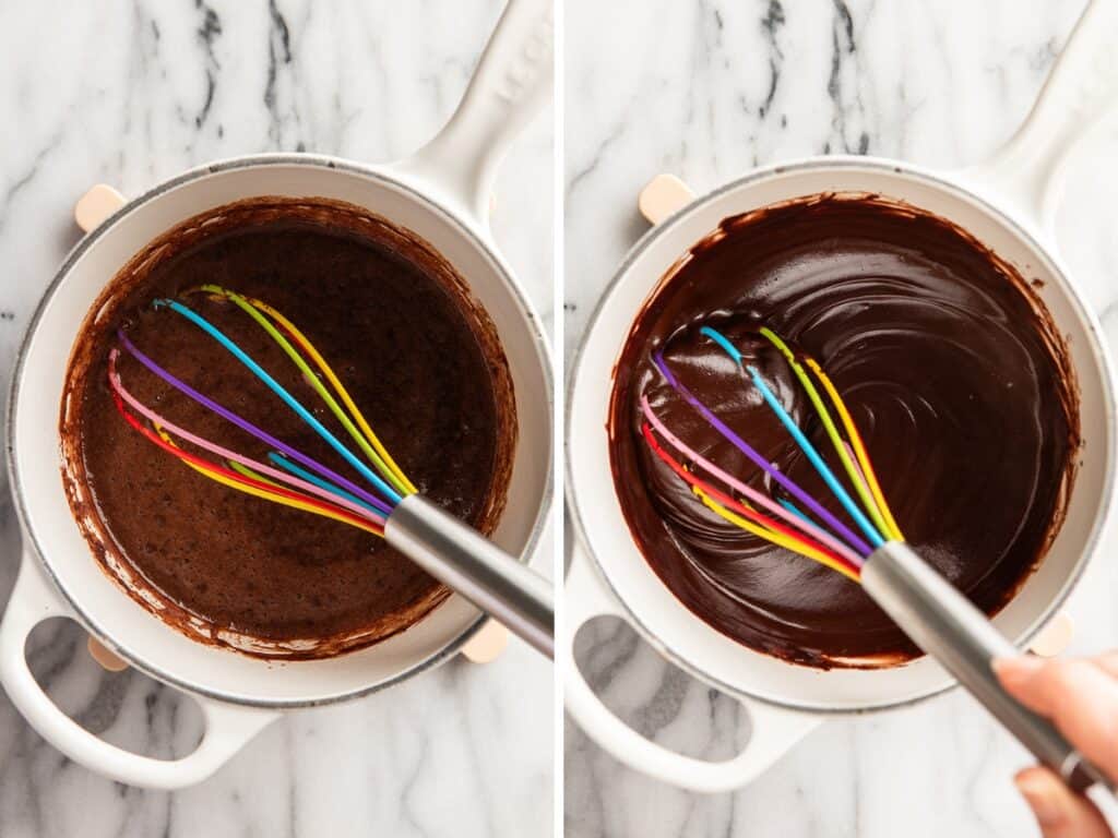 Collage photo of hot fudge sauce being made