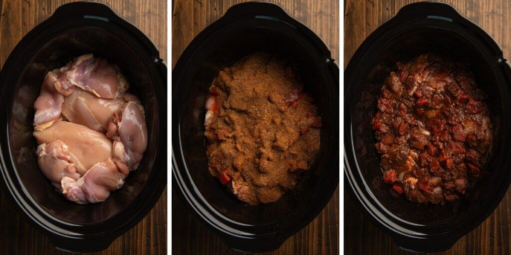 Collage of slow cooker chicken tacos being made
